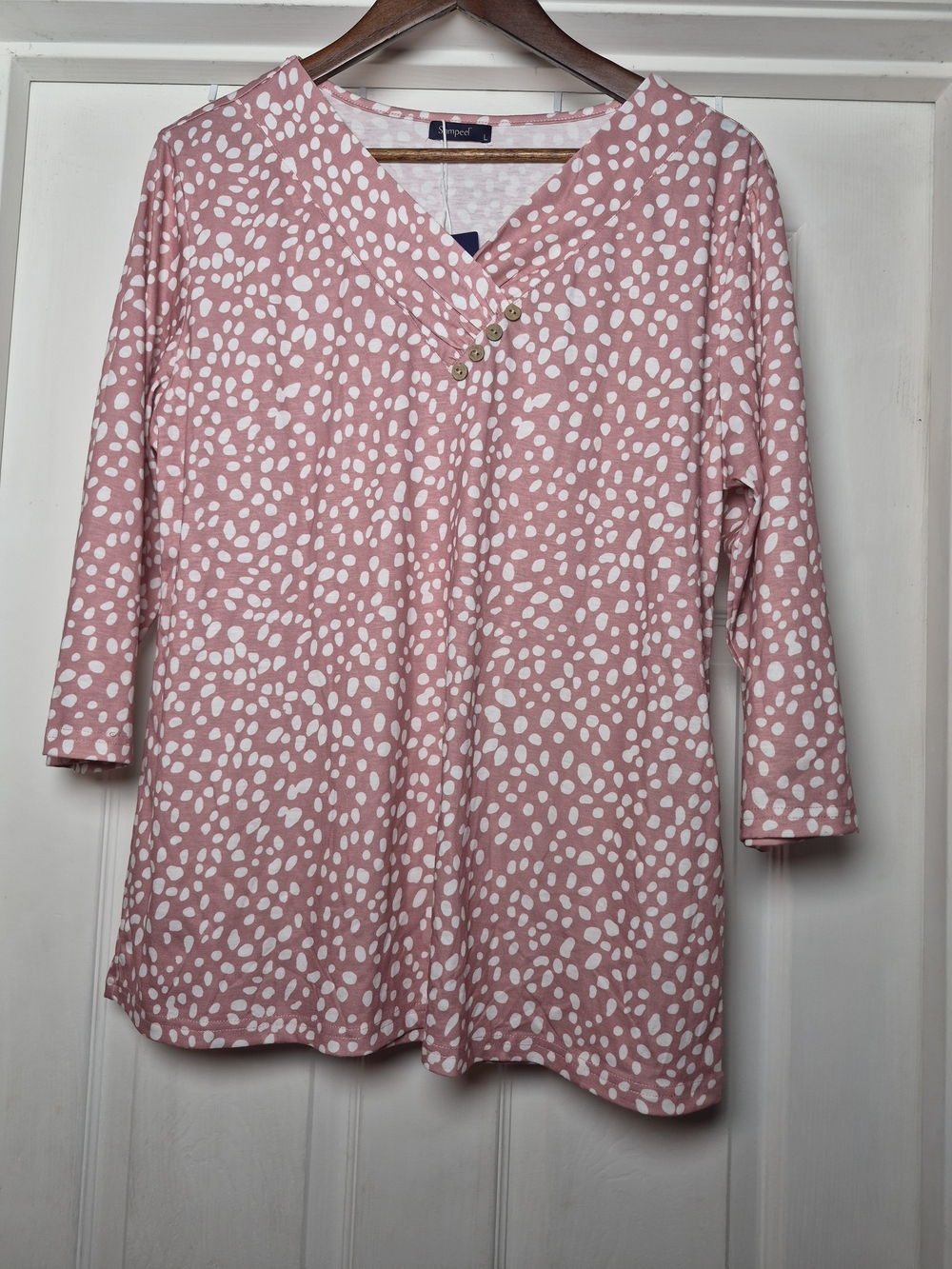 Sampeel Pink Dot V-Neck Button Detail Top Large NWT